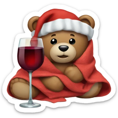 a Christmas teddy happy bear wrapped in a blanket with glass wine sticker