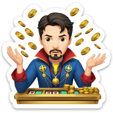 disheveled Doctor Strange losing money at a slot machine, panicked face, coins flying sticker
