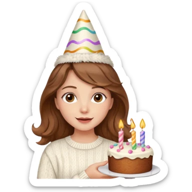A pretty white girl with hazel brown eyes and brown wavy hair in a cosy white knit sweater, she is celebrating her birthday sticker