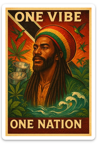 Create a vibrant digital illustration in vintage poster style featuring a proud Trinidadian Rasta man with long dreadlocks and a bold red, gold, and green tam. The background should incorporate the Trinidad and Tobago flag in a stylized, textured way — using deep red, black, and white tones that blend with tropical elements. Surround the figure with iconic cultural symbols like steelpan drums, ganja leaves, and hummingbirds in flight. Add warm Caribbean sunlight, ocean waves, and lush greenery to enhance the island energy. The Rasta man should radiate peace, power, and island wisdom — with bold facial features, calm expression, and a sense of spiritual presence. The overall tone should be rootsy, regal, and rich with island soul — merging reggae culture with Trinidadian pride. Optional accents: subtle soca rhythm lines in the background or a quote like “One Vibe, One Nation.” sticker