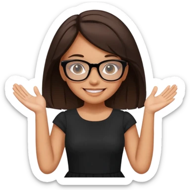 a cute brunette girl in a black dress wearing glasses  with two hands  sticker