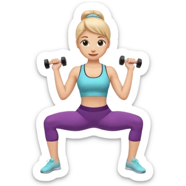 A cute 3D emoji of a fitness woman doing a plié squat at a ballet barre, holding a small dumbbell. She is sweating but smiling. Wearing leggings and a tank top. Soft pastel background, Apple emoji style. sticker