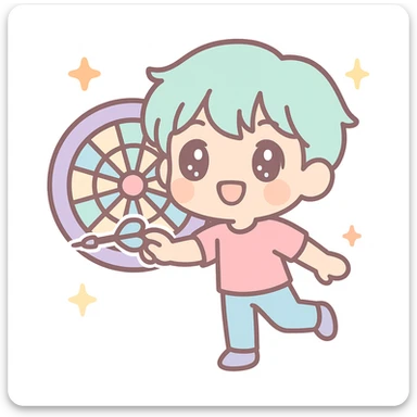 anime style emoji of a guy throwing darts, full body, dartboard in background sticker