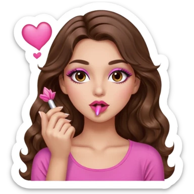 girl with long wavy brown hair, brown eyes, long lashes makeup, sexy pink lips, light to medium complexion, wearing a pink sexy top, blowing a kiss sticker