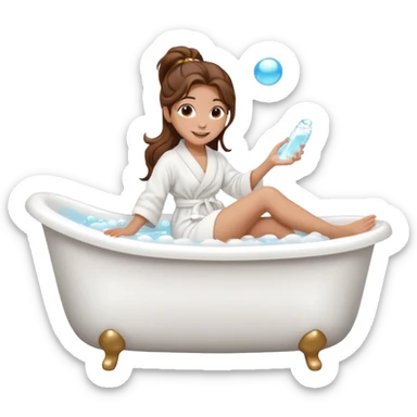 girl with wavy long ponytail brown hair, brown eyes, light to medium complexion, long lashes, lying full body in a white bathtub with bubbles with one foot out of the tub, side view sticker