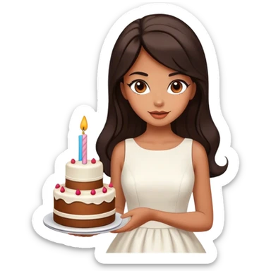 Beautiful woman in 1965’s woman fashion look, white dress, long dark brown hair, birthday cake sticker