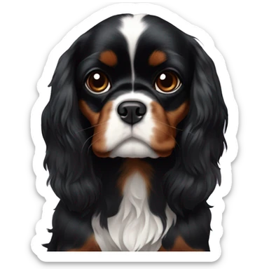 Small completely black king charles spaniel with black fur on his whole face and white fur on chest sticker