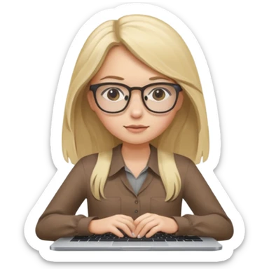 Girl in glasses, blonde long hair, brown blouse, typing on gray MacBook sticker