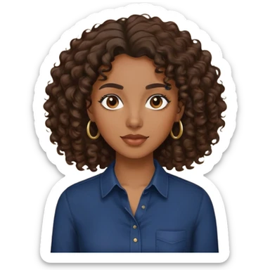 brown skin woman with dark brown curly hair wearing a navy blue shirt sticker
