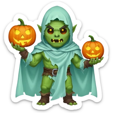 male orc warrior ghost emoji, green skin, wearing torn white ghost sheet costume, holding glowing jack-o'-lantern, faint blue aura, friendly but spooky expression, Halloween fantasy theme, Apple emoji style, clean white background, square sticker