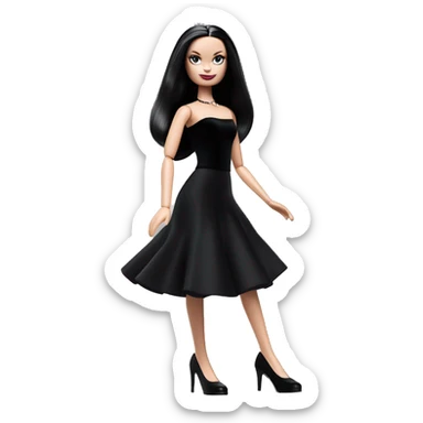  Bunny Wednesday Addams Barbie dancing.  Pretty face. Longer hair, short black flowing strapless tight evening gown with  plunging neckline that’s off-the-shoulders that also shows her legs and black shiny velvet high heel shoes. sticker