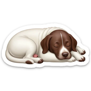 Cinematic Meme-Worthy Chubby Sleeping German Pointer Portrait Emoji, Head resting peacefully with a contented smile, showcasing a delightfully chubby build and a luxuriously soft liver and white coat, eyes shut in a serene nap, Simplified yet hilariously adorable features, highly detailed, glowing with a soft, drowsy light, high shine, relaxed and utterly lovable, stylized with an air of playful laziness, bright and heartwarming, soft glowing outline, capturing the essence of a comically sleepy hunter, so meme-worthy it feels like it could instantly become the next viral sensation of adorable slumber! sticker
