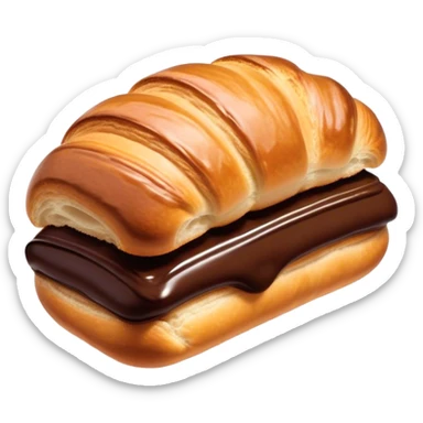 Cinematic warm pain au chocolat, flaky golden-brown pastry with a rich chocolate filling peeking through, perfectly crisp exterior, soft glowing highlights, inviting and indulgent. sticker