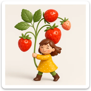 Create a 3D iOS-style image of a girl in a yellow dress holding a large strawberry plant with big strawberries and green leaves. The image should have soft lighting and a glossy effect, with no background. The proportions should be square (1:1). Render in GPT Image style with a 3D iOS aesthetic. sticker