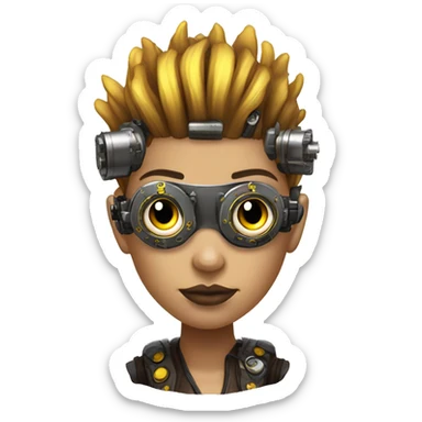Brown with yellow streaks Mohawk hair female cyborg head, fair skin, steampunk goggles and circuits sticker