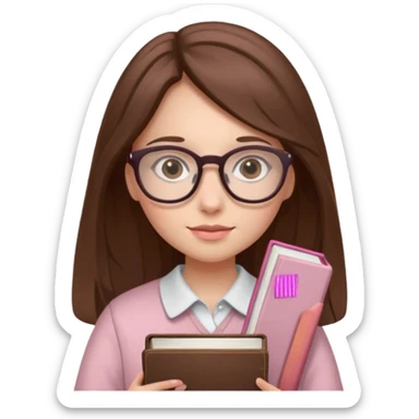 girl with fair skin and long brown hair holding a closed pale pink book, glasses sticker