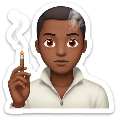 black male character, light red eyes, visibly high, holding a joint, smoke rising, relaxed expression sticker