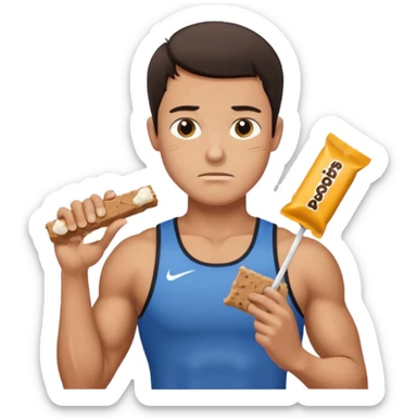 A male athlete holding a protein bar and frowning sticker