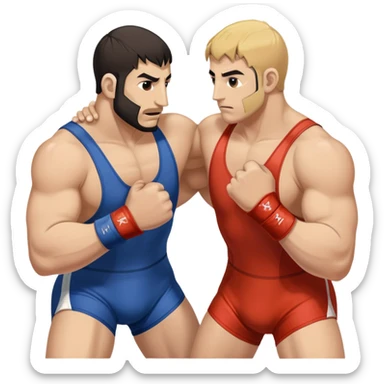 An icon symbolizing Greco-Roman wrestling, showing two wrestlers locked in a powerful grip, focusing on upper-body techniques. The background features a wrestling mat, with the athletes wearing traditional singlets. Transparent background highlights the strength and skill of the sport. sticker
