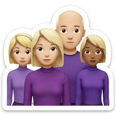 5 person team; 2 men and 3 women.  All dressed in yellow or purple.  1 caucasian woman with blonde mid length hair. 1 caucasian woman with blonde short length hair. 1 caucasian woman has ash blonde hair tied up. 1 man is African-american and bald, 1 man is caucasian and very little hair left.  
 sticker