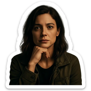Create a centered portrait of the same woman with a thoughtful expression, transparent background, in the style of a Netflix series. sticker