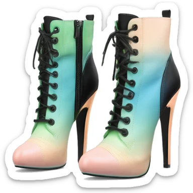 Hyper Realistic isolated top front view of a pair of black,peach,pastel green,pastel blue ombre Guess Jeans brand stiletto high heel ankle bootie boots.  sticker