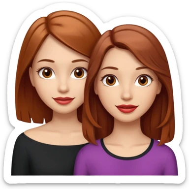 I want you to create me an emoji of two girls: one with light skin, shoulder length hair (straight and brown), brown eyes with very long eyelashes and full lips; the other girl must also have light skin, shoulder length hair (wavy and red), brown eyes and a nice smile with glossy lips sticker