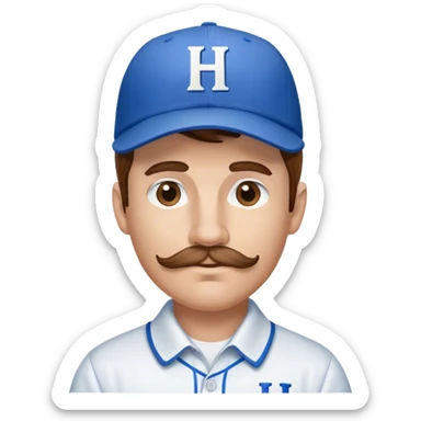 White Man with brown, short mustache, mid-length brown hair wearing blue baseball hat with the letter H on it. He is wearing a collared white dress shirt with nothing on it.  There should be no H on the shirt.  sticker