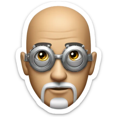 Tan bald male Latino cyborg head with grey beard, silver steampunk monocle goggles and circuits sticker