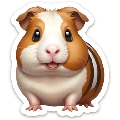 Cinematic Comical Brown and White Banded Guinea Pig Portrait Emoji, Head tilted dramatically with an exaggeratedly amused expression, featuring a striking fur with bold brown and white banding, wide, expressive dark eyes filled with playful disbelief, Simplified yet hilariously expressive features, highly detailed, glowing with a slightly sassy glow, high shine, dramatic yet playful, stylized with an air of cheeky mischief, bright and endearing, soft glowing outline, capturing the essence of a spirited and over-the-top guinea pig, so meme-worthy it feels like it could side-eye its way into internet fame instantly! sticker