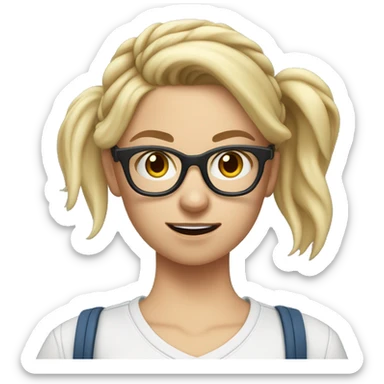 blond and white tall german girl wearing jeans and top and glasses and a hair bun. She holds a tennis racket at hand and her face she seems a bit scared sticker