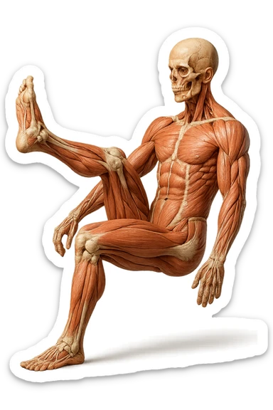 CORPO UMANO ANATOMICO REALISTICO CHE FA UN ESERCIZIO DI MOBILITà ARTICOLARE ALLE GAMBE, IPERREALISTICO 4K sticker