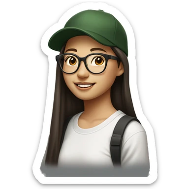 Hyper realistic, look from side, asian girl, light white skin, smiling with teeth, black eyes, spotted frame glasses, long brown straight hair with highlighted strands, black T-shirt, dark green cap. sticker