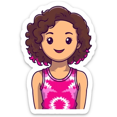 Friendly maternal woman with fair skin, long dark brown curly hair, large almond eyes, full lips, wearing bright pink tie-dye tank top, warm welcoming smile sticker
