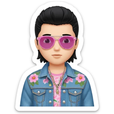 generate a pretty bratz fair skinned boy with a mullet black hair wearing a floral shirt sticker
