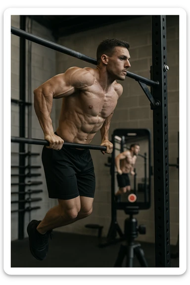 uomo che fa Muscle up e si sta filmando di lato con il telefonino che lo riprende mentre si allena, così da analizzarsi dopo sticker