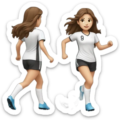 One cucasian girl with brown long hair running with a soccer ball wearing White short and black shorts sticker