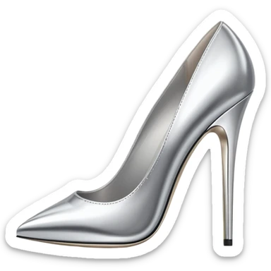 A pair of high heel shoes emoji made of polished silver chrome, elegant sharp silhouette, smooth metallic surface, glossy reflections, luxury sexy vibe, minimalistic iOS emoji style, centered, clean white background sticker
