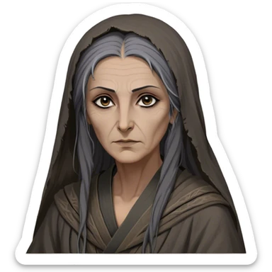 Mirri Maz Duur is a weathered, age 55 Lhazareen woman with deep-set dark eyes, high cheekbones, and a sharp nose, giving her a stern, knowing expression. Her long, unkempt dark hair streaked with gray falls loosely over her shoulders, and her earth-toned, tattered robes mark her as a humble healer. Despite her frail appearance, she exudes an aura of mystery and menace, her hands stained with herbs and blood from both healing and dark sorcery. sticker