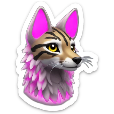 Coyote ocelot with grey and black fur and phoenix wings and pink ears half skeleton, neon lights sticker