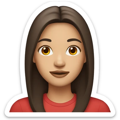 woman with light to medium skin, straight dark brown hair with middle part red shirt  sticker