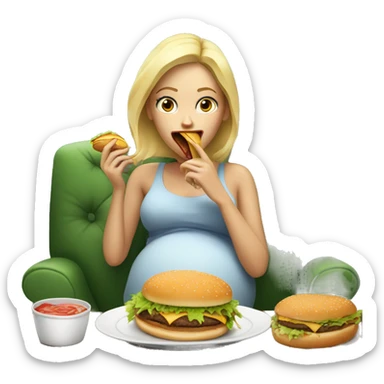 Blonde Pregnant woman eating a burger on the sofa with big teeth sticker