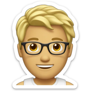 Blonde with slightly wavy short hair, glasses and a little goatee sticker