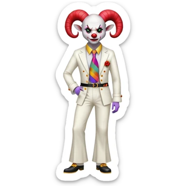 full-body demonic clown in a white leisure suit with bellbottom pants, bald, black ram horns, flashy belt, ruffled shirt, colorful tie, no elevator shoes sticker