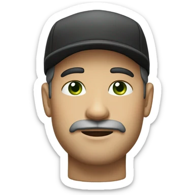 man wearing a black flat cap, with a short beard and mustache, and a neutral expression. The man has light skin, green eyes, and subtle wrinkles on his forehead sticker