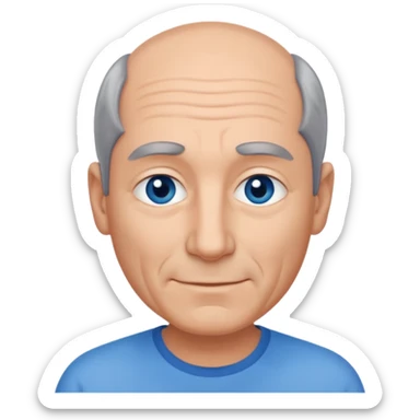 Middle aged man with receding grey and black hair and no beard, blue eyes, shy smile, tanned skin sticker