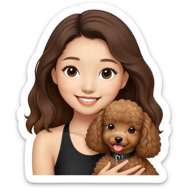 a asian girl with long brown balayage hair, long lashes, smiling, wearing black halterneck top, and holding a brown poodle sticker