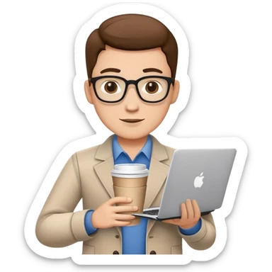 business owner confidently, holding a closed laptop in one hand and a takeaway coffee cup in the other. The character wears casual-smart clothes. sticker