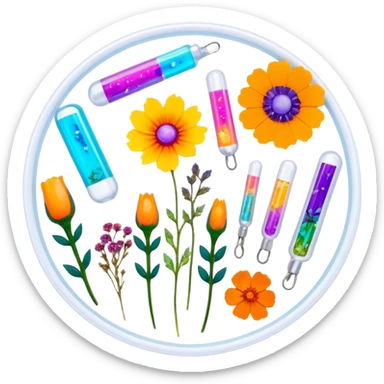 Epoxy resin art icon, jewelry and decorative items made with fluorescent epoxy resin, glowing effect on the resin, finished resin jewelry with dried flowers embedded inside, visible tubes of resin with bright colors, mixing tools, and molds, minimalistic style, clean lines, transparent background sticker