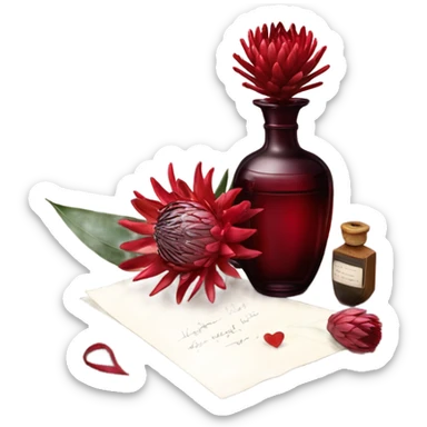 Dark red captivating perfume bottle with red proteas and a handwritten love letter sticker
